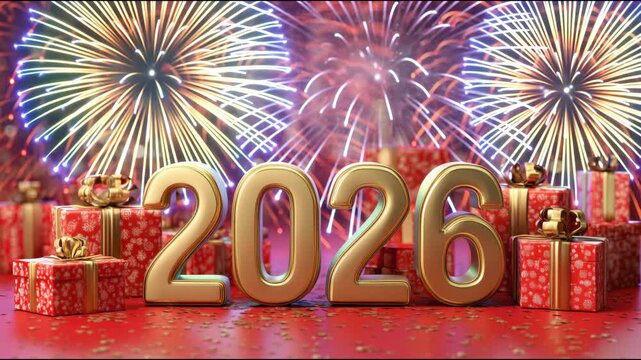 Golden 2026 numbers with red gift boxes and exploding fireworks for a festive celebration