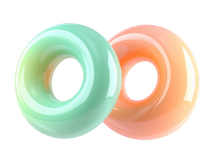 Two glossy, pastel-colored torus shapes, one green, one orange, black background