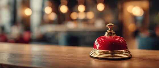 The Red Service Bell on a Hotel Counter with Warm Bokeh Lights