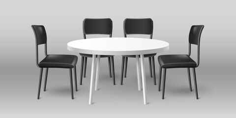 Fototapeta premium 3D table and chairs mockup isolated on background. Vector realistic illustration of simple furniture for exhibition booth, office conference room, home kitchen or dining area, interior design elements