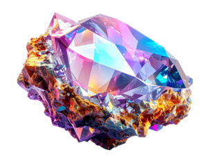 Iridescent gemstone embedded in rough rock, glowing, isolated on black