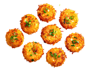 Overhead shot of eight golden-brown, round fried food items, garnished
