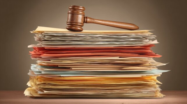 Stacks of documents with a wooden gavel on top in a simple workspace