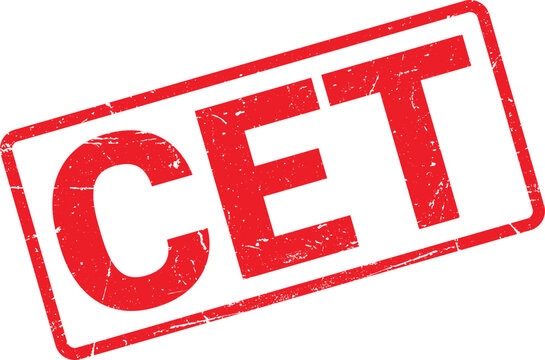 Red Rubber Stamp With the Word CET and Distressed Texture on White Background