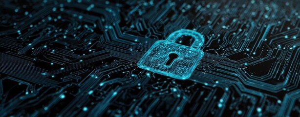 The padlock on a glowing circuit board representing cybersecurity and data protection