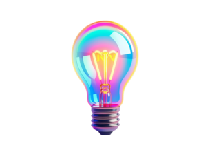 Glowing, colorful lightbulb with filament against black backdrop