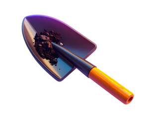 Small gardening shovel with dark earth against a black background