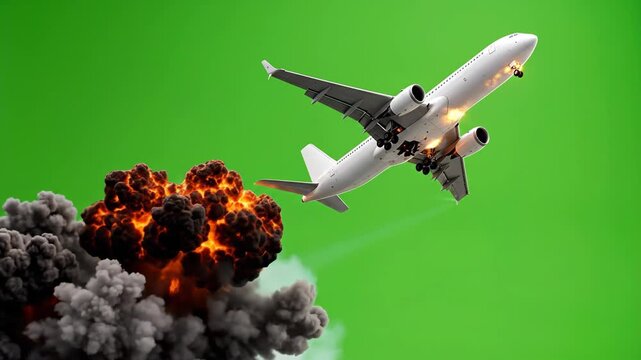 Plane Flying Away from Explosion, Green Screen