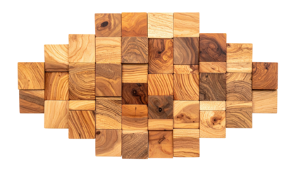 Geometric wood art mosaic in diamond shape, various wood tones