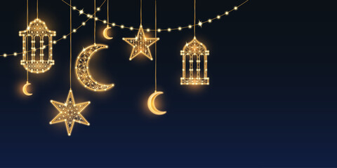Eid Ramadan lights garland on dark blue background. Vector realistic illustration of golden crescent and star lanterns glowing in night darkness, golden lamp ornament for islamic religious poster © klyaksun