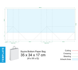 Squire bottom paper shopping bag die cut template 35x34x17 cm with 3D mockup