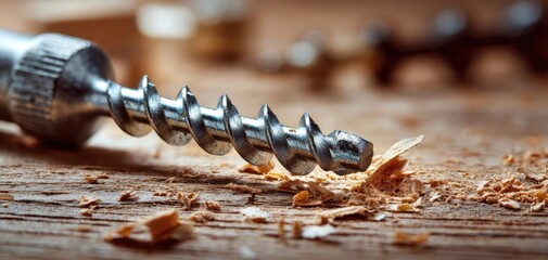 The metal screw lying on wooden surface with wood shavings and tools