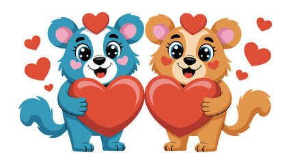 Obraz premium Cute Bears Share Love: Two adorable cartoon bears, each holding a heart, radiate warmth and affection, surrounded by floating hearts, creating a sweet and joyous scene.