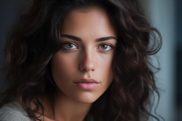 Fototapeta premium Young woman with dark curly hair and striking eyes showing natural beauty and serenity