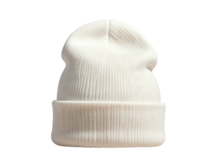 Cream-colored ribbed knitted beanie isolated on a black background