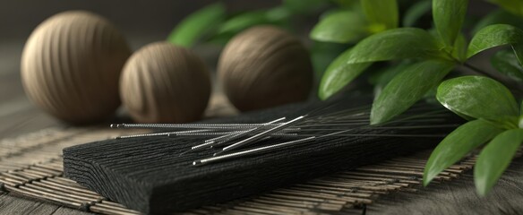 The Acupuncture Needles and Relaxing Spa Arrangement with Natural Bamboo and Greenery