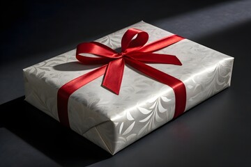 Elegant holiday gift wrap scene with a red ribbon bow and subtle shadows on a black background designed for premium banners and advertising layouts - AI Generated