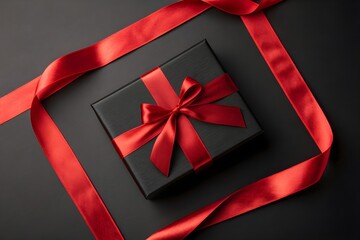 Top down luxury gift wrapping background with red satin ribbon framing the edges and a subtle bow accent on a black surface with central negative space - AI Generated
