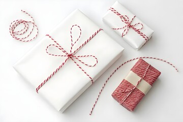 Gift wrap flat lay featuring red and white string with a small delicate bow arranged on a white background in a clean minimal stock photography style - AI Generated