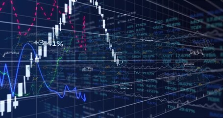 Animation of graphs and financial data on navy background - Powered by Adobe