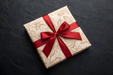 Top view minimal gift wrapping background with a red ribbon bow placed on a black surface showcasing realistic fabric texture and generous copy space - AI Generated