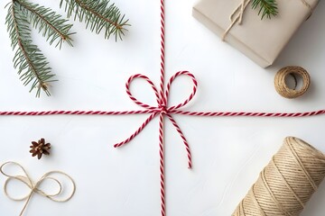 Top view minimal gift wrapping scene with red and white twisted string running vertically and a delicate bow placed slightly above center on a white background with clean copy space - AI Generated