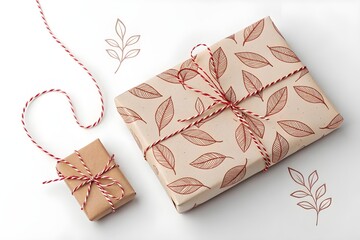 Top view gift wrapping background with thin red and white twine arranged asymmetrically along the left side with small hand tied bow and ample copy space - AI Generated