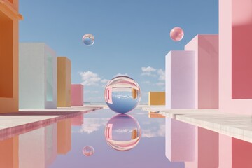 Schwebende geometrische Formen in pastellfarbener Architektur mit zentralem Textfreiraum