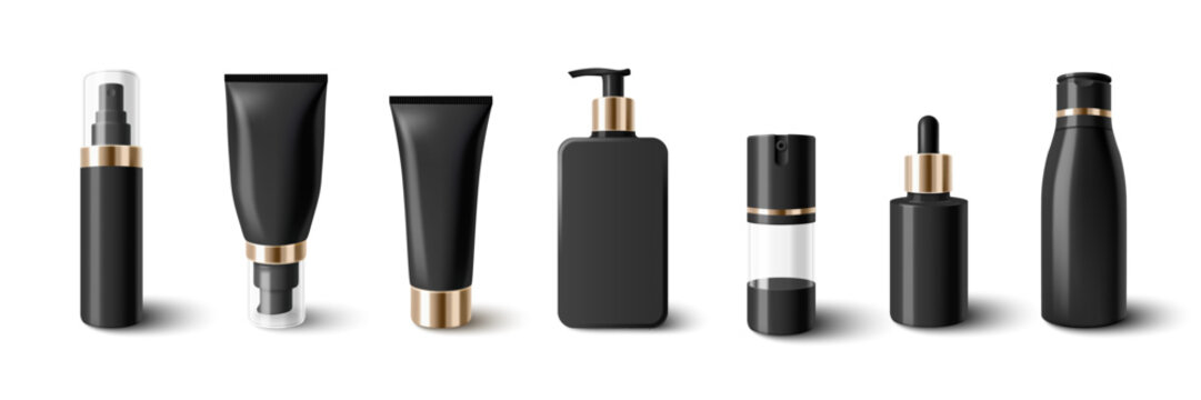 Skincare mockup set with black cosmetic bottles, tubes and pump containers with golden lids on white background. Realistic 3D beauty product packaging - cream tubes, serum droppers, luxury containers