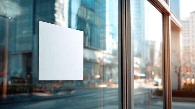 Blank square white sign mockup on glass shop window with blurred city street background