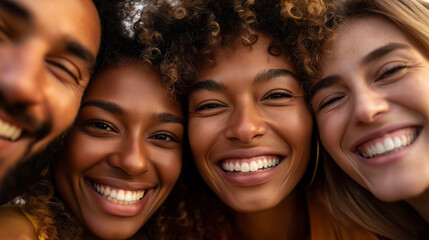 Vier lachende junge Menschen mit Afrofrisuren in fröhlicher Stimmung