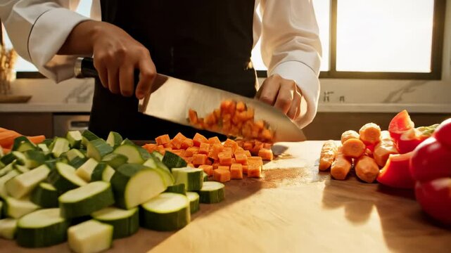 Expert Chef Skillfully Prepares Fresh Vegetables in a Modern Kitchen, Showcasing Culinary Craftsmanship and Attention to Detail Under Natural Light