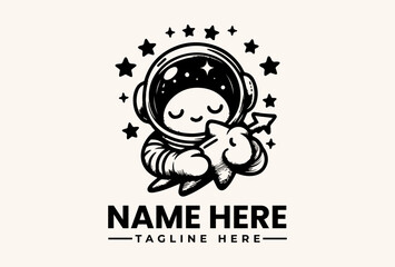A black and white illustration of an astronaut character hugging a star, surrounded by stars, with a placeholder text for a logo or brand name in a simple, graphic design style against a © vectorvovdesign