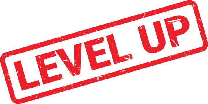 Distressed Red Level Up Rubber Stamp on White Background for Gamers and Developers