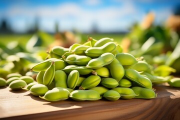 Edamame pods on a wooden surface representing healthy, organic, and sustainable farming