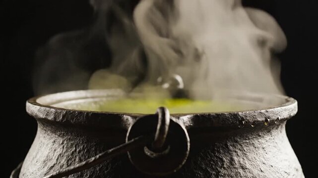 A dark, old cauldron vents steam over a glowing green liquid, iron handle ringed with soot and shine