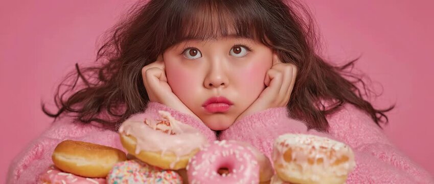 Asian plus-size woman stares at a platter of doughnuts, appearing exhausted.