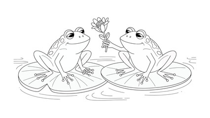 Frog Romance: A charming scene of two endearing frogs seated on lily pads, one tenderly presenting a flower to the other. A delightful display of affection and springtime romance.