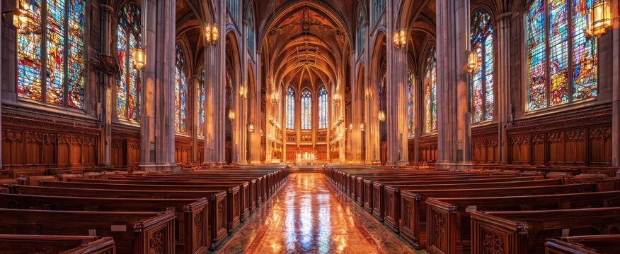 The Cathedral Interior with Dramatic Stained Glass Light and Ornate Wooden Pews