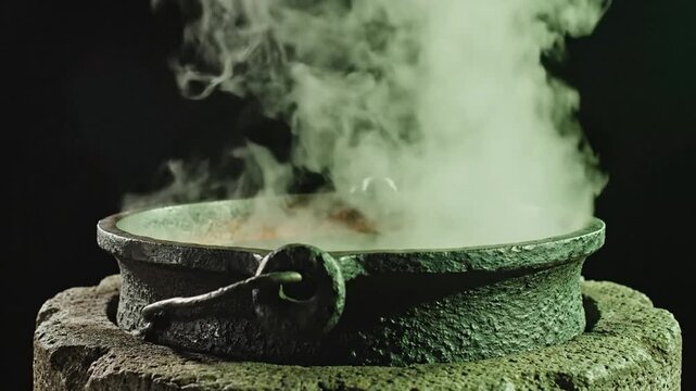Ancient stone cauldron atop a mossy stand pours thick steam and glowing embers into dark nightfall!!