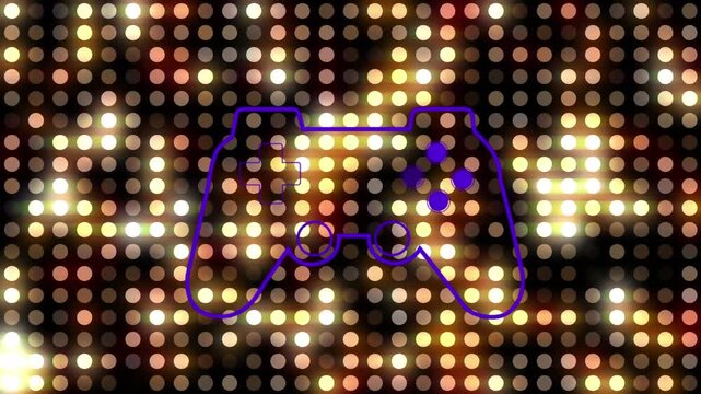 Animation of letters and light spots over dancing crowd with colourful flashing lights