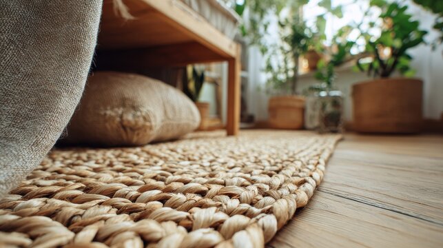 Close-up of a natural woven jute rug on a wooden floor in a sunlit cozy room with indoor plants