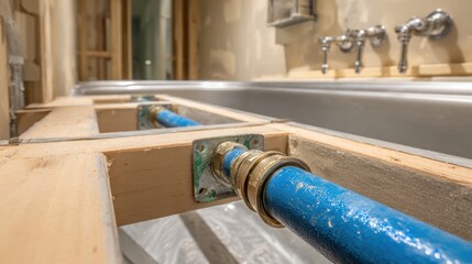 Close-up of blue plumbing pipes and brass compression fittings installed in wooden wall framing for a bathroom renovation project