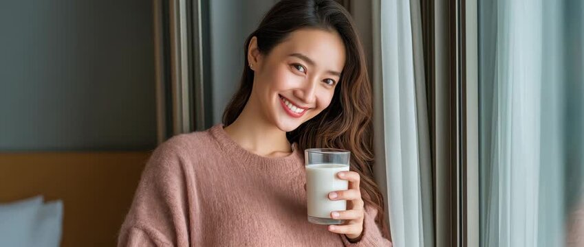For prenatal wellness, an attractive Asian pregnant woman drinks a glass of milk.