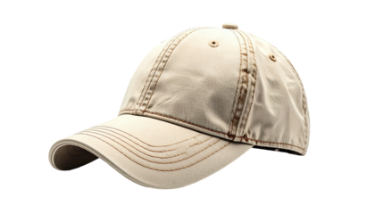 A tan baseball cap with worn stitching, isolated on a black background