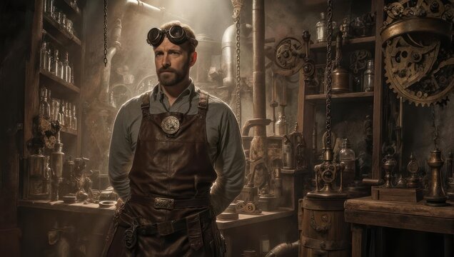Steampunk Inventor in Workshop with Goggles and Intricate Machinery.