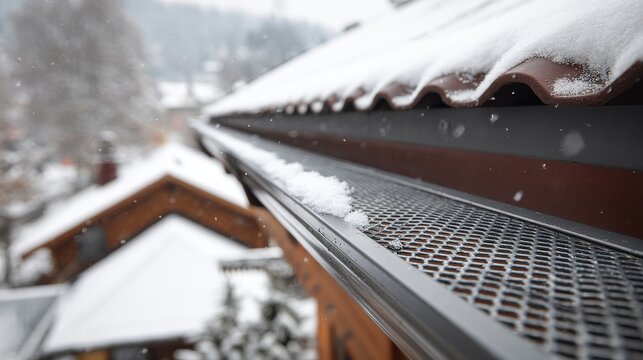 Close-up of Gutter Guard with Snow on a Residential Rooftop in Winter