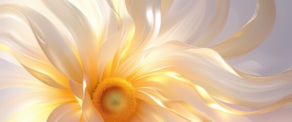 Luminous sunflower bloom, flowing white and gold petals, amber center. Warm, ethereal, soft-focus. Wallart, wallpaper, banner.