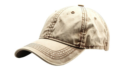 Fototapeta premium Beige baseball cap, isolated on black, showing stitching and texture