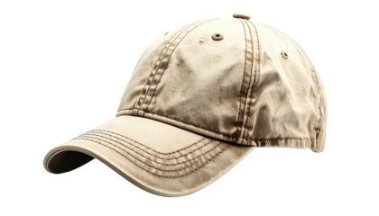 Beige baseball cap, isolated on black, showing stitching and texture